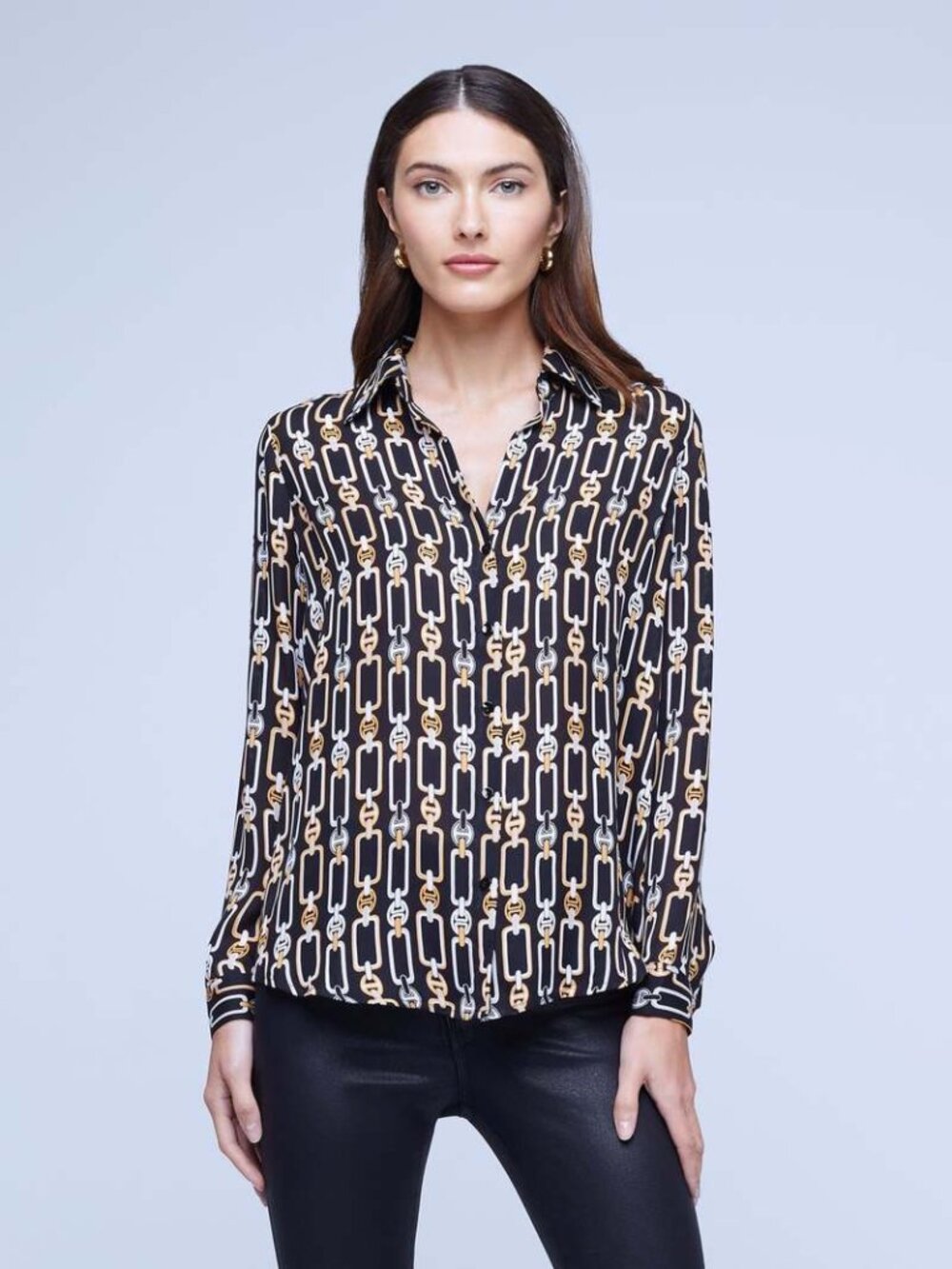 L'AGENCE Nina Black Chain Link 100% Silk Matte Satin Button Up Blouse, Size XS